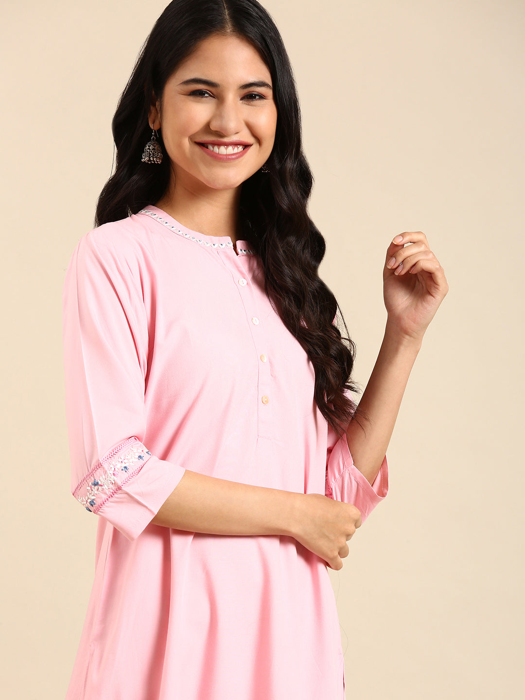 Women's Pink Printed Straight Kurta