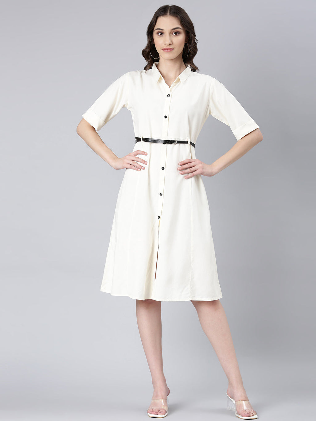 Women's Cream Shirt Collar Shirt Dress With Belt