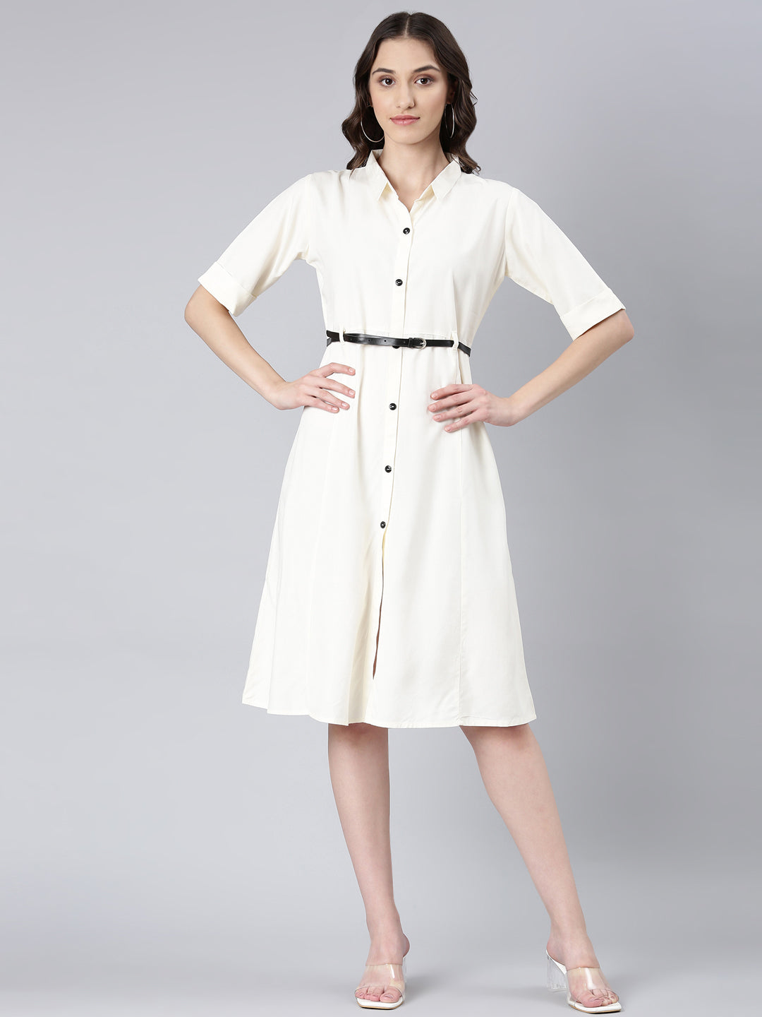 Women's Cream Shirt Collar Shirt Dress With Belt