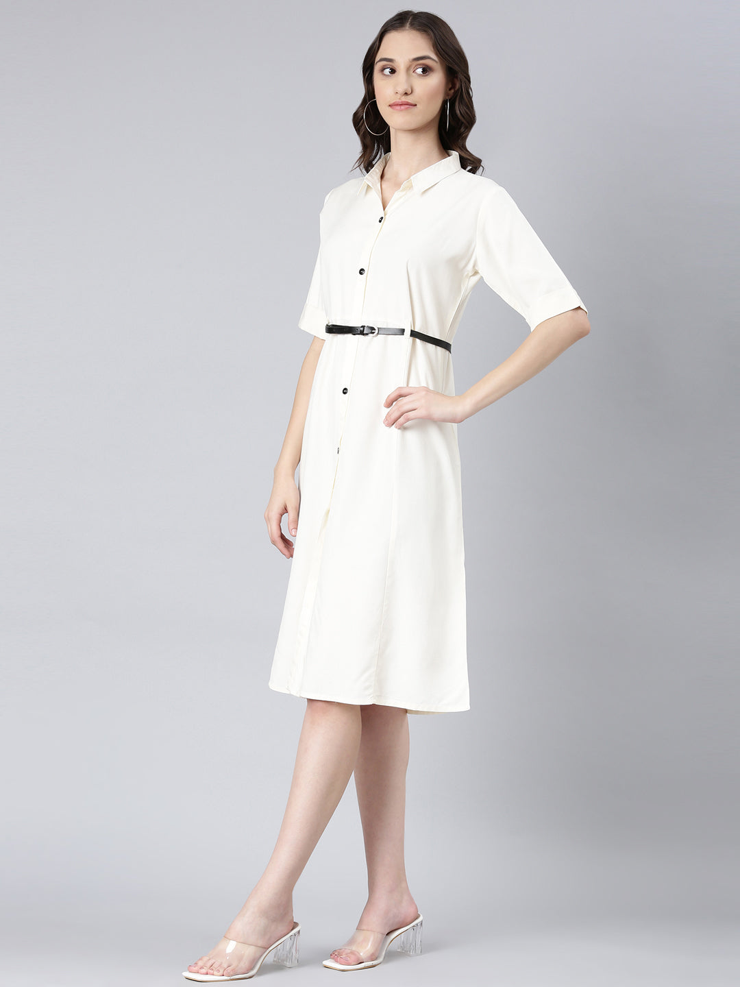 Women's Cream Shirt Collar Shirt Dress With Belt