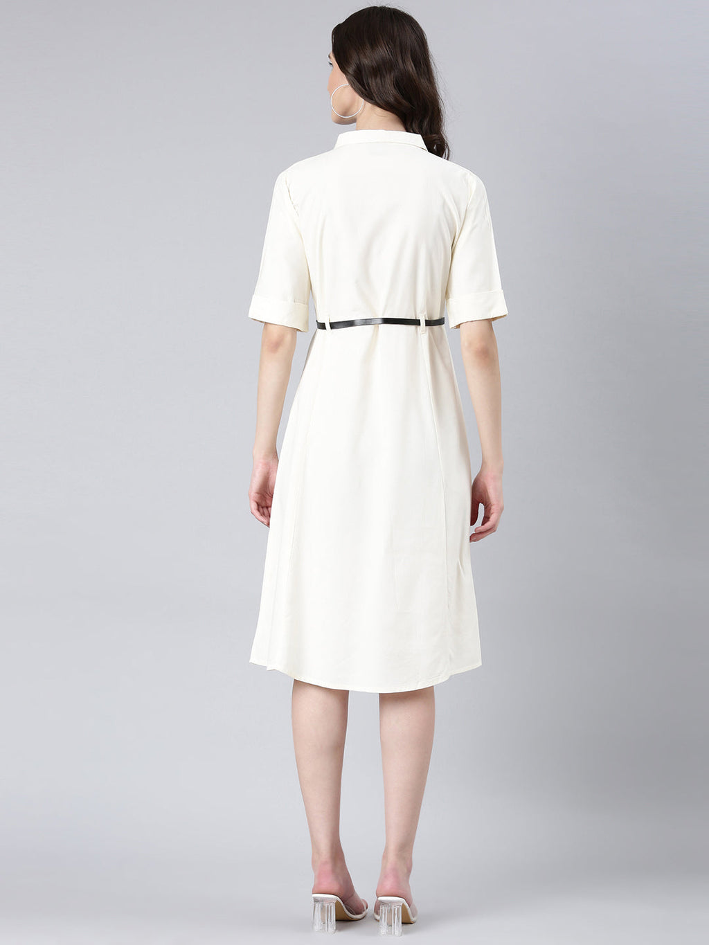 Women's Cream Shirt Collar Shirt Dress With Belt