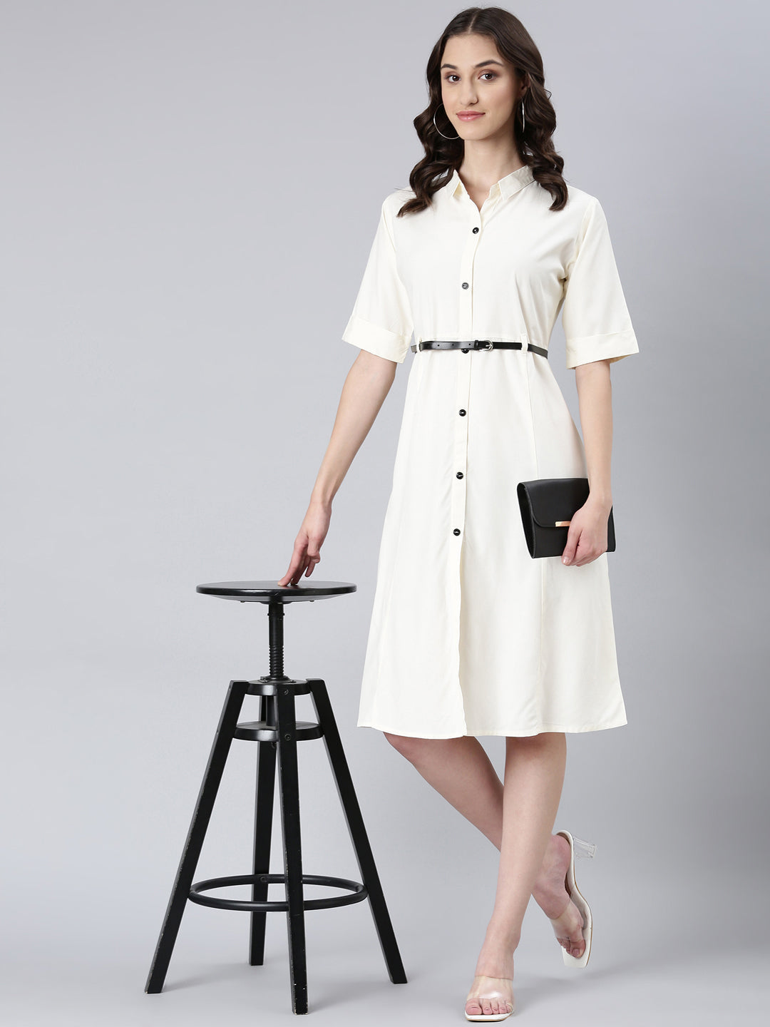 Women's Cream Shirt Collar Shirt Dress With Belt