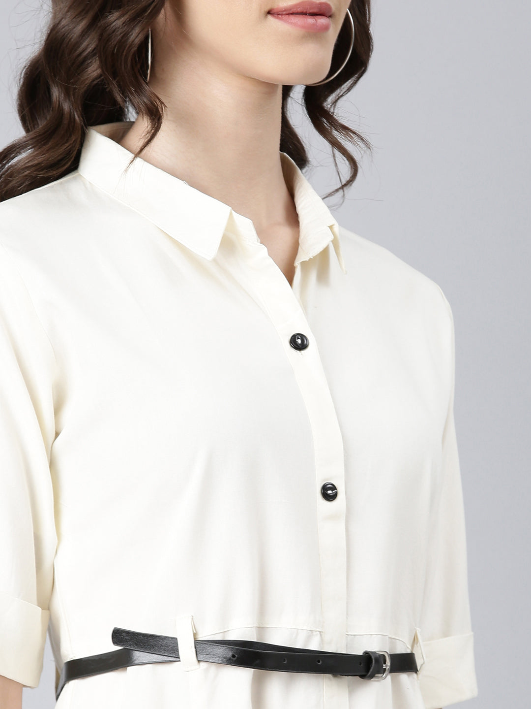 Women's Cream Shirt Collar Shirt Dress With Belt