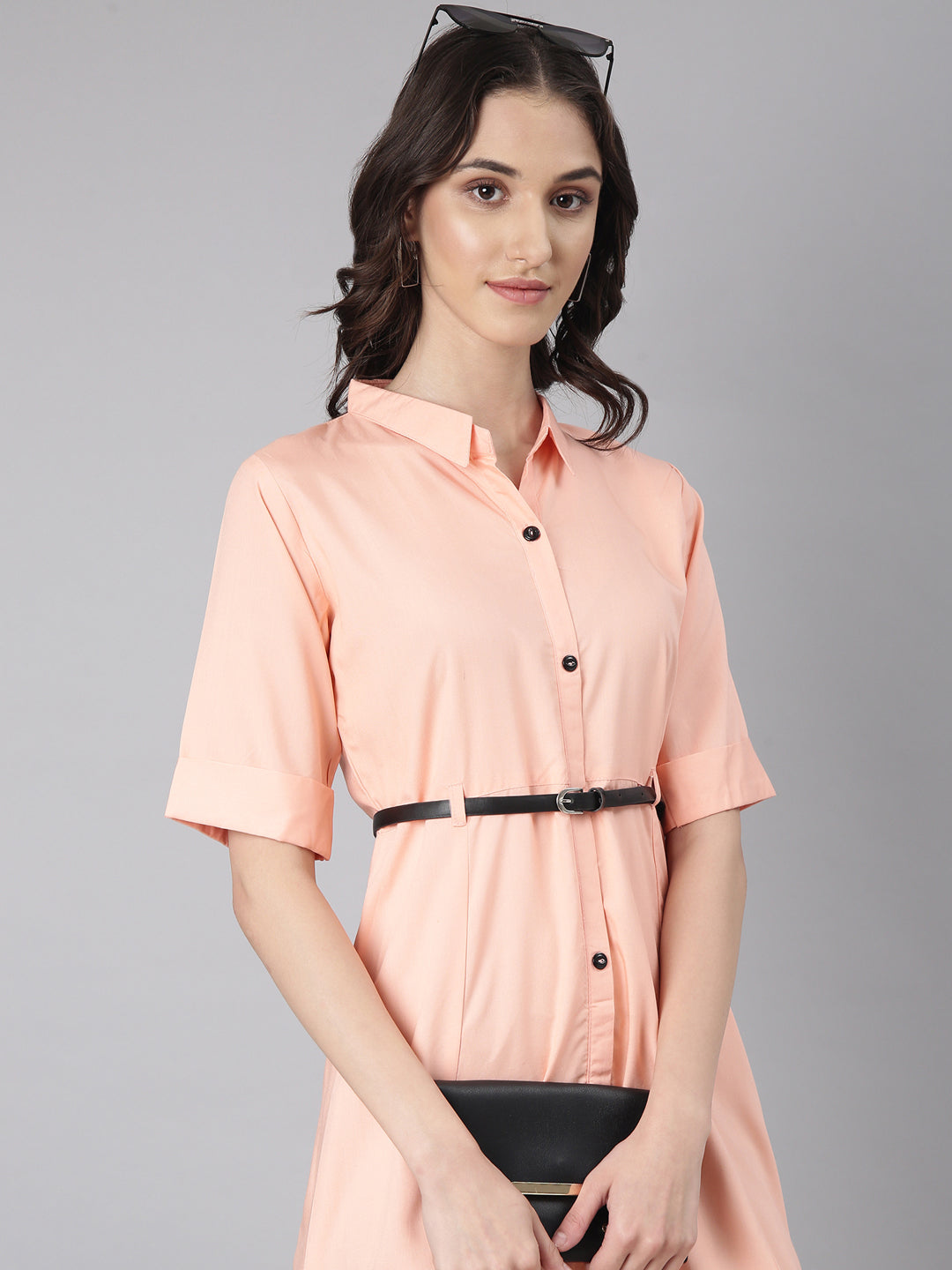 Women's Peach Belted Shirt Style Dress