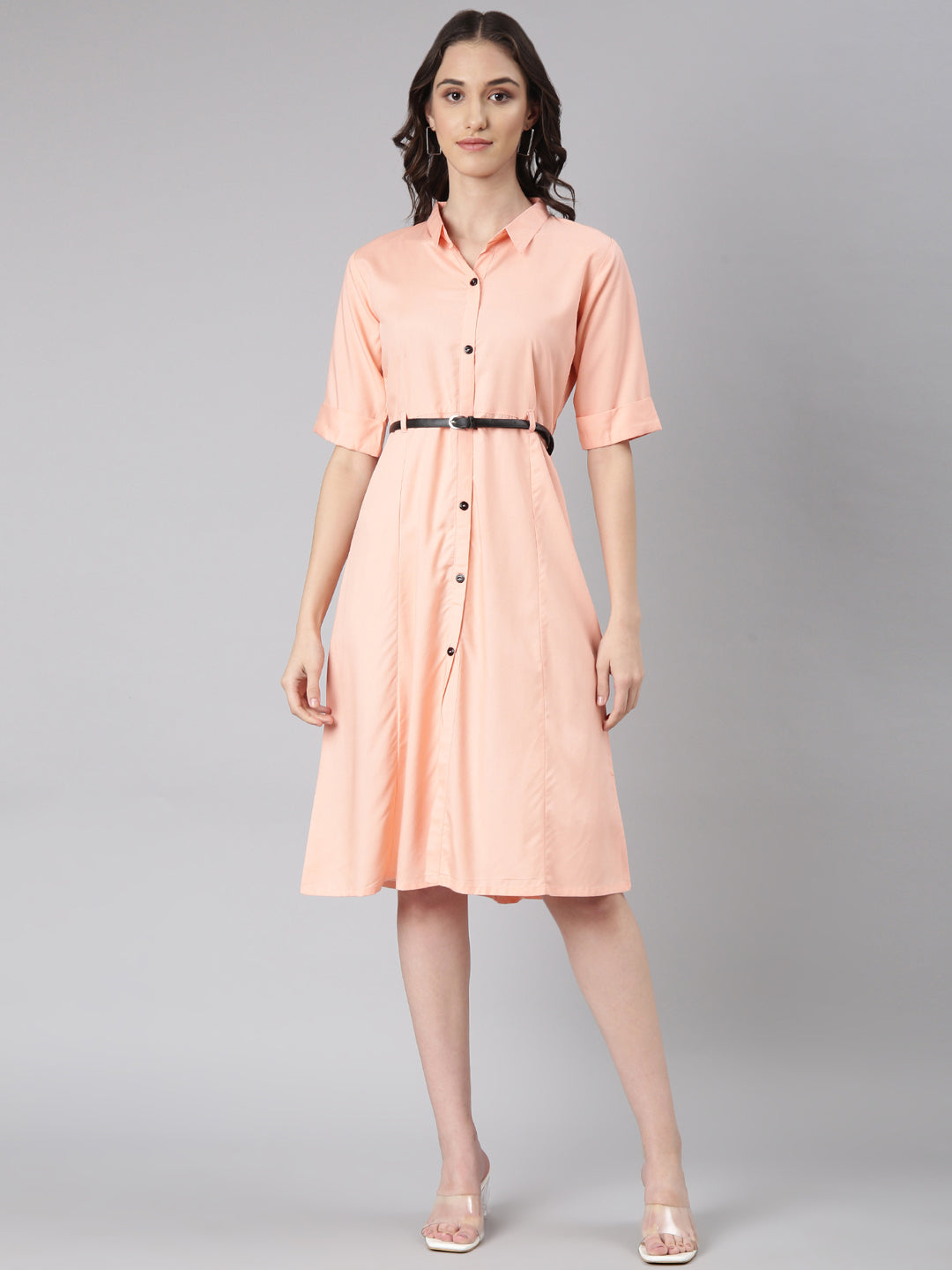 Women's Peach Belted Shirt Style Dress