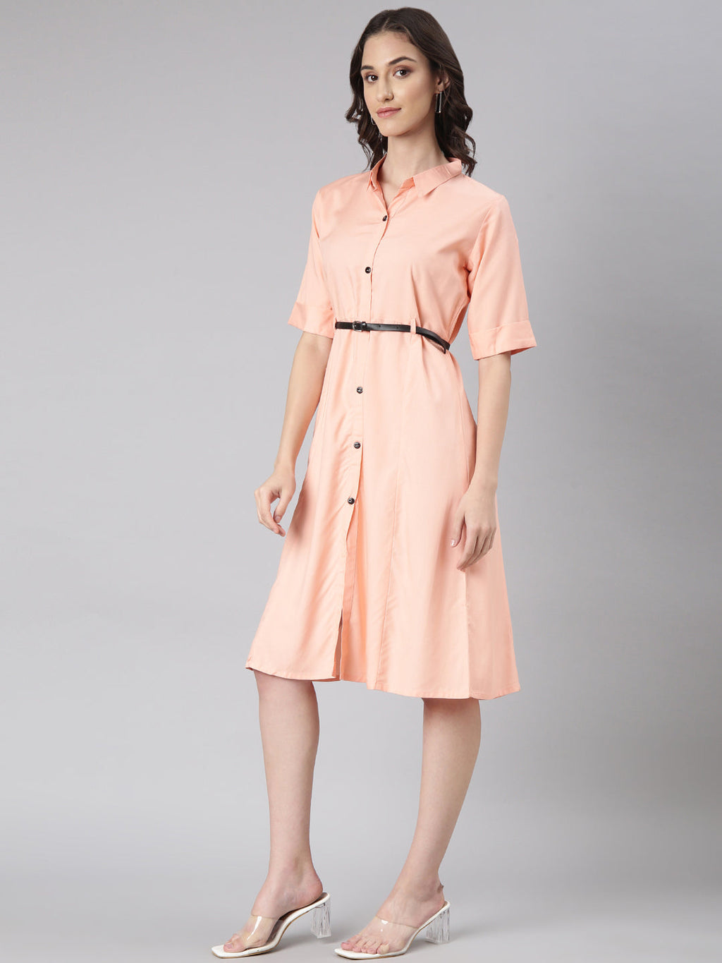 Women's Peach Belted Shirt Style Dress