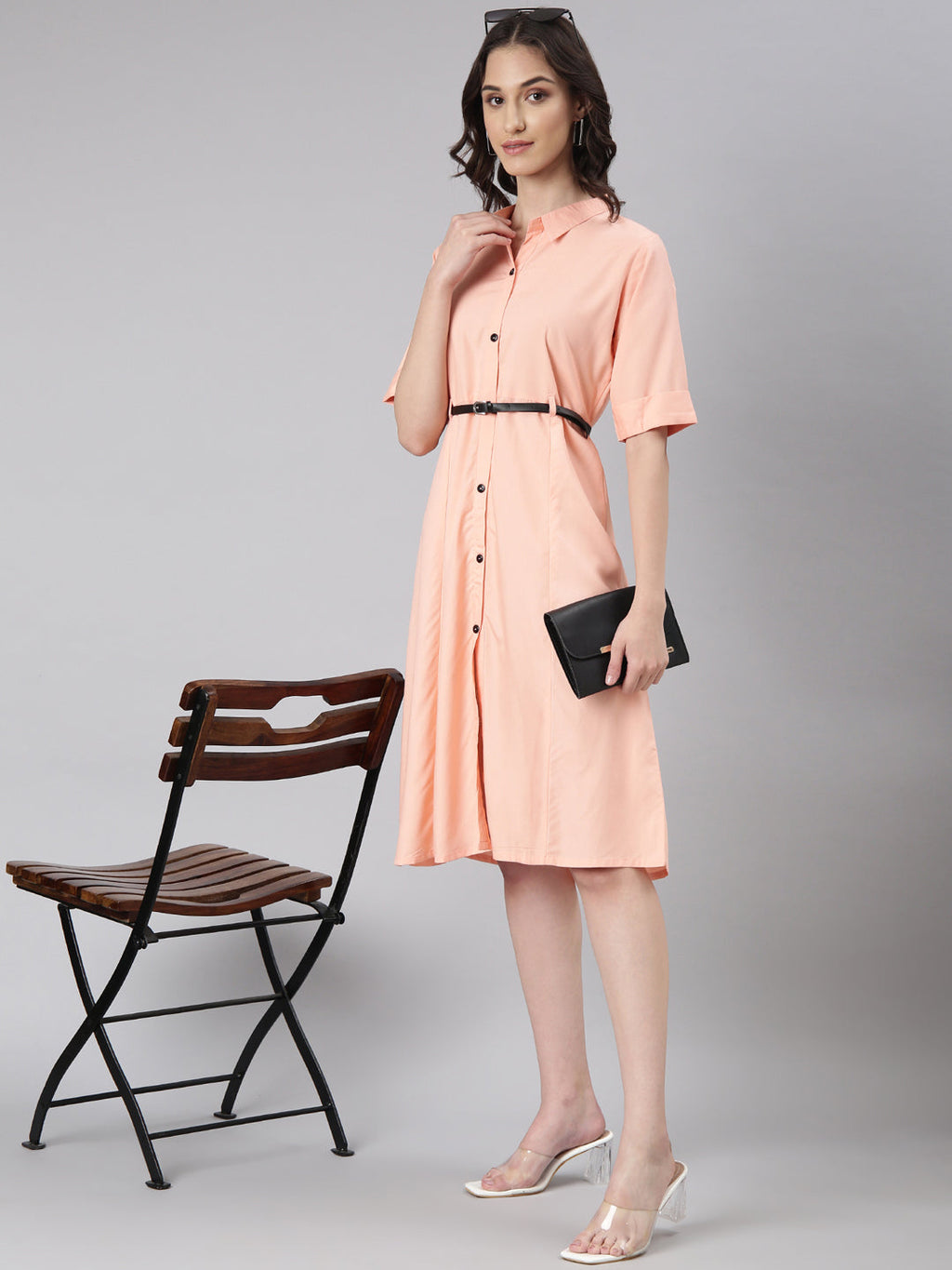 Women's Peach Belted Shirt Style Dress