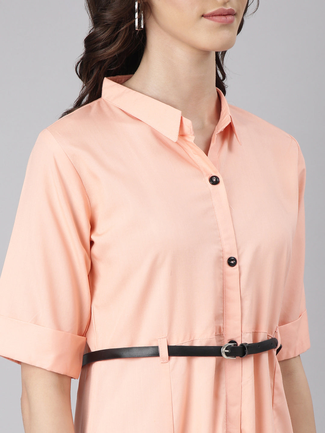 Women's Peach Belted Shirt Style Dress