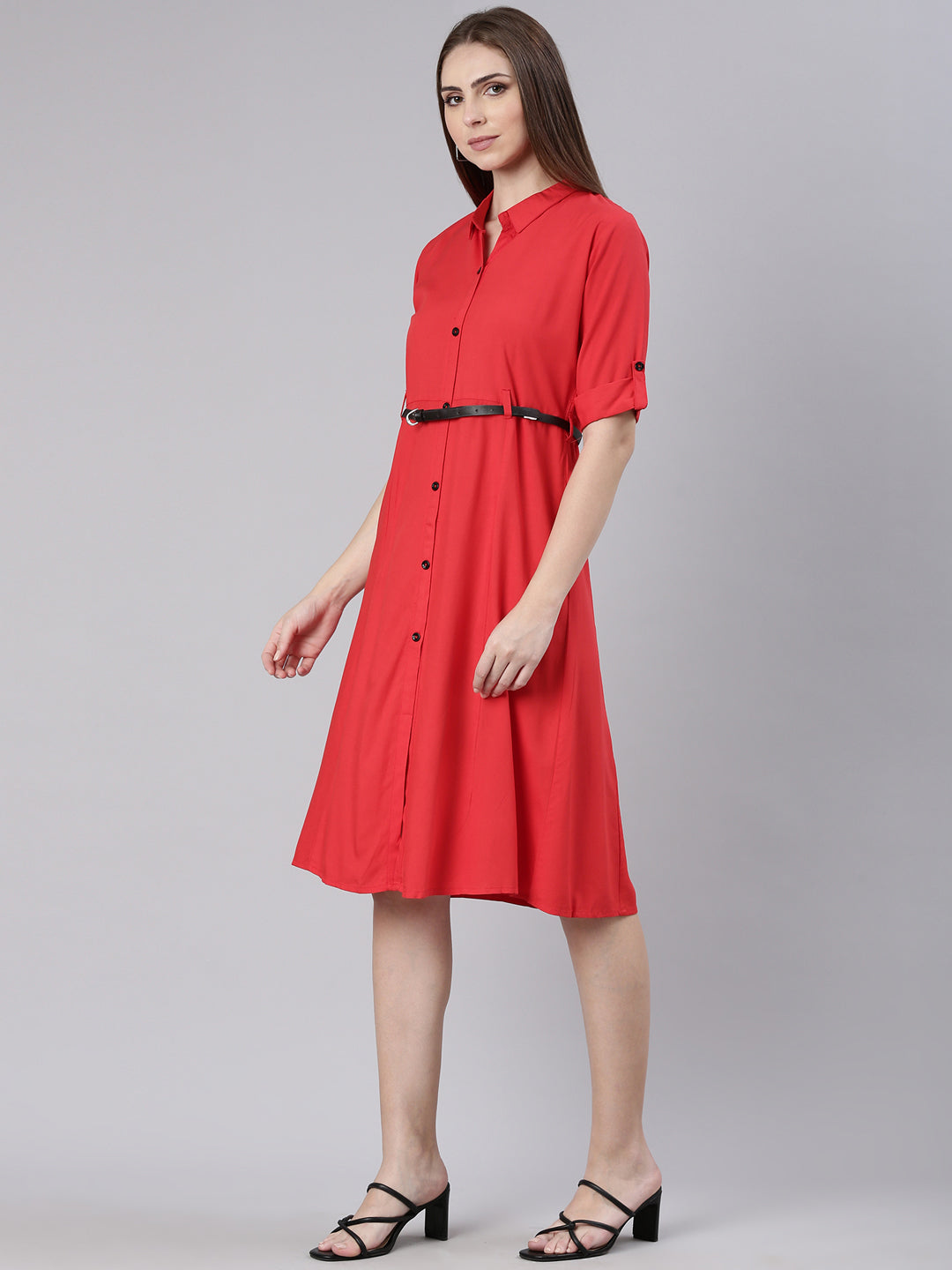 Women's Red Shirt Collar A-Line Dress