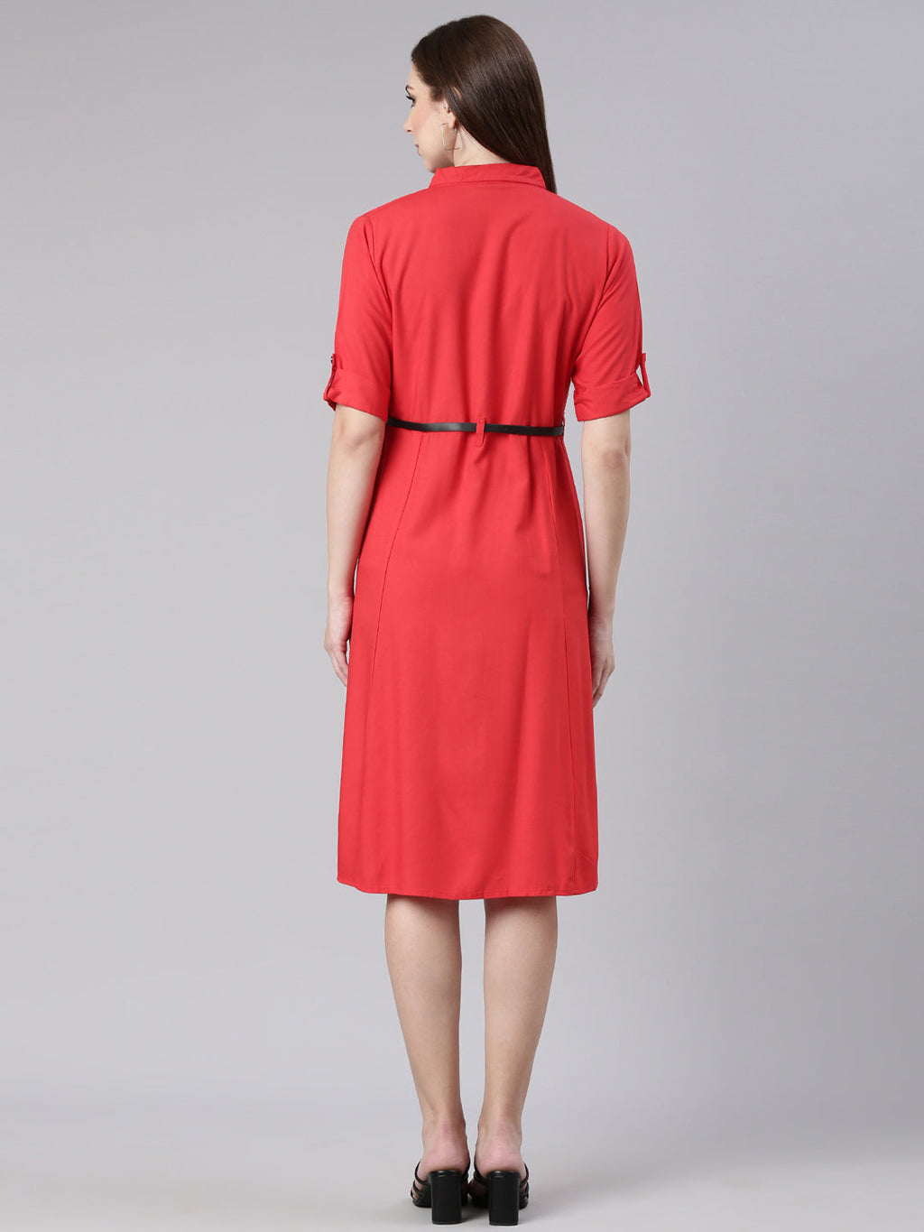 Women's Red Shirt Collar A-Line Dress