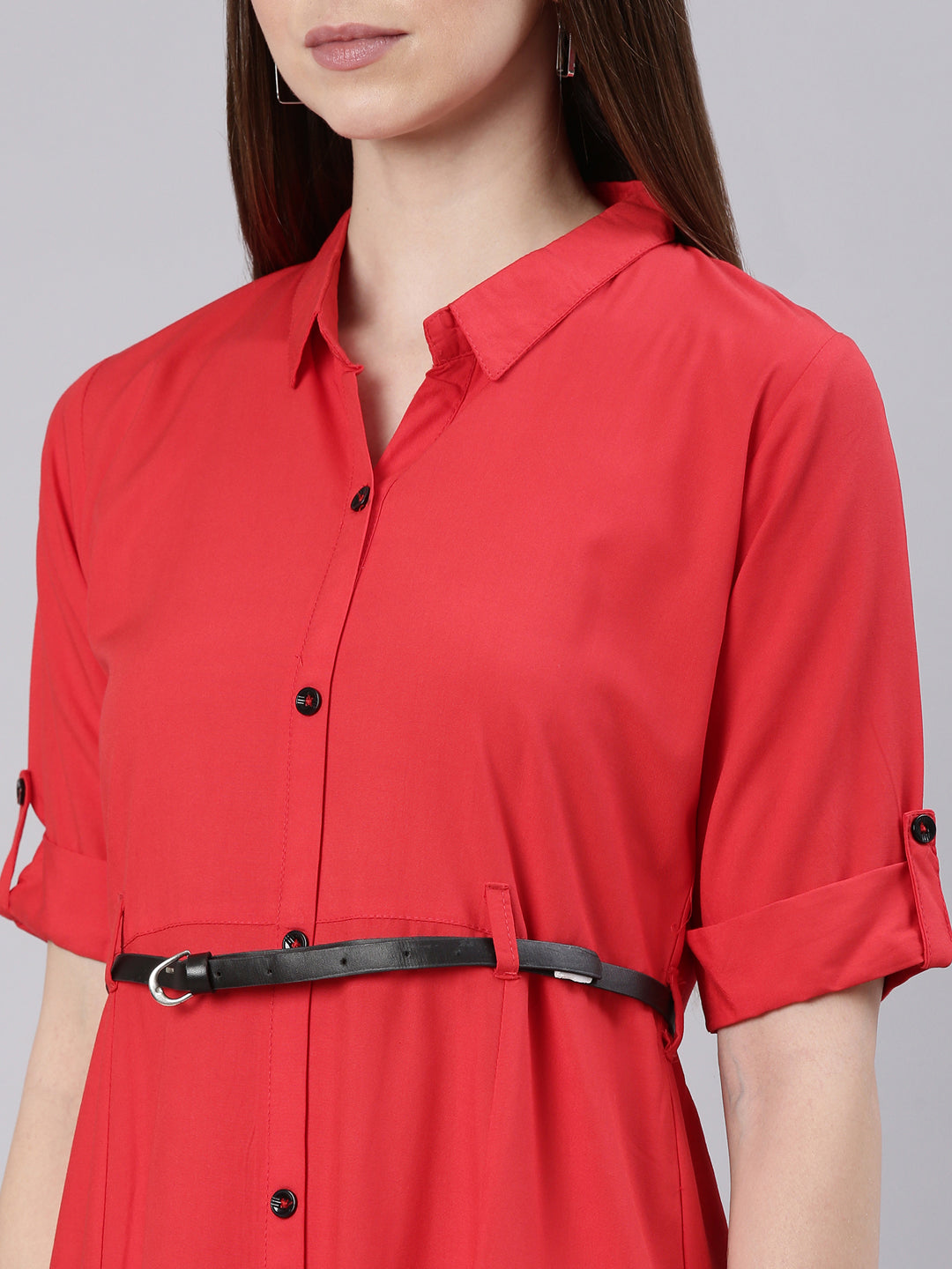 Women's Red Shirt Collar A-Line Dress