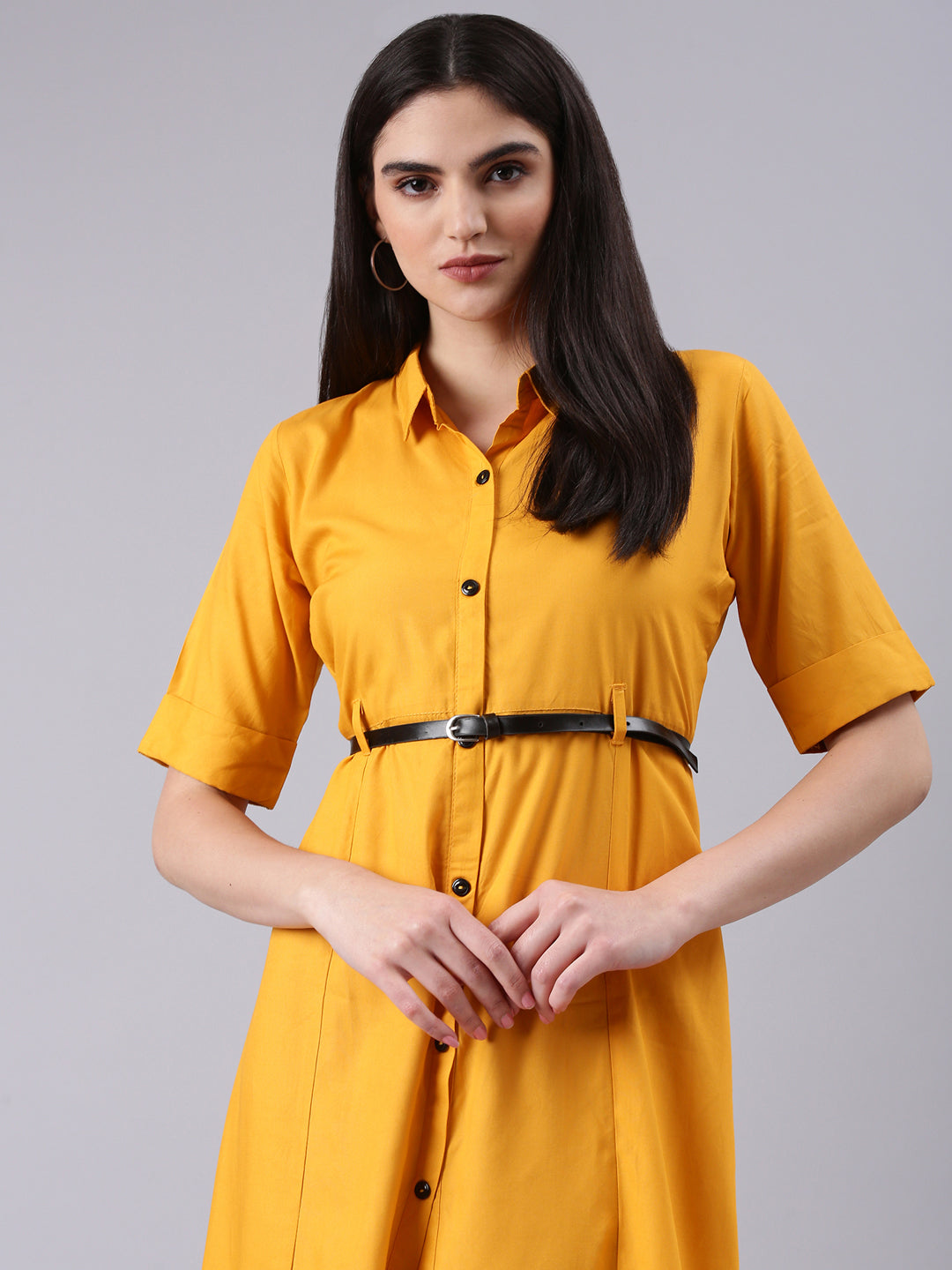 Women's Yellow Shirt Collar Belted Shirt Dress