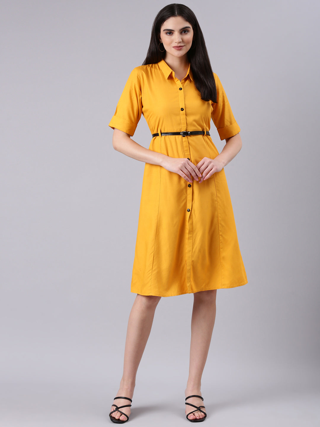 Women's Yellow Shirt Collar Belted Shirt Dress