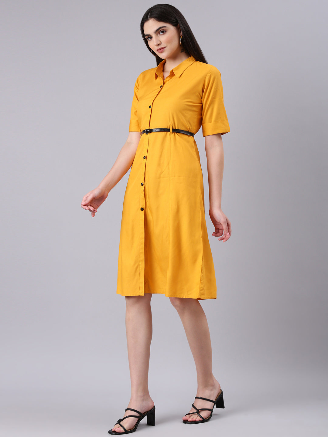 Women's Yellow Shirt Collar Belted Shirt Dress