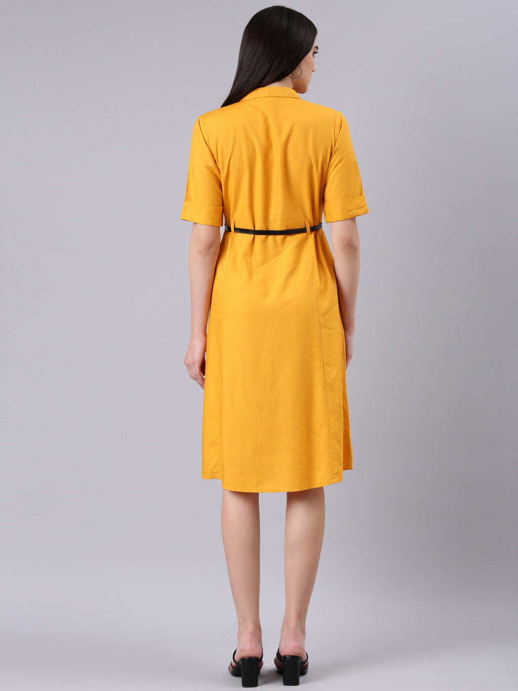 Women's Yellow Shirt Collar Belted Shirt Dress
