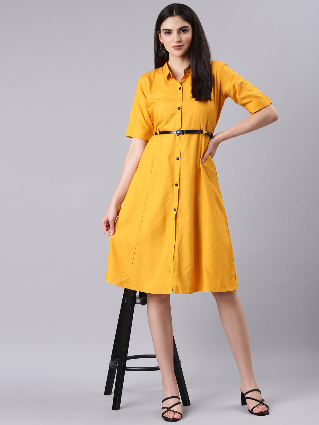 Women's Yellow Shirt Collar Belted Shirt Dress