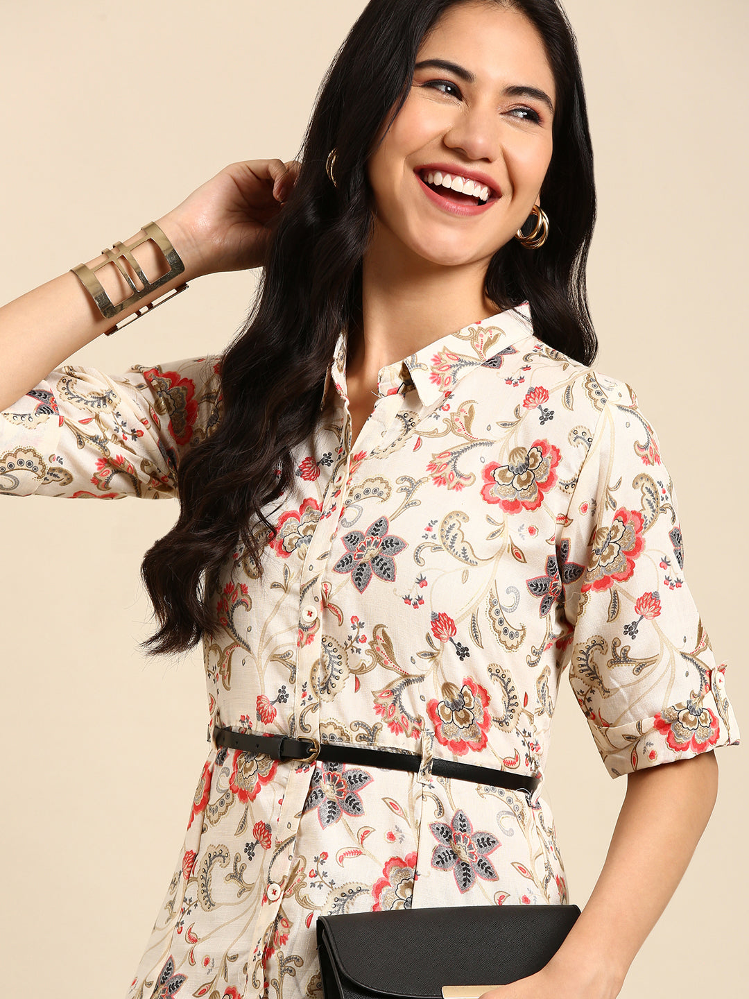 Women's Beige Shirt Collar Floral Printed Anarkali Kurta