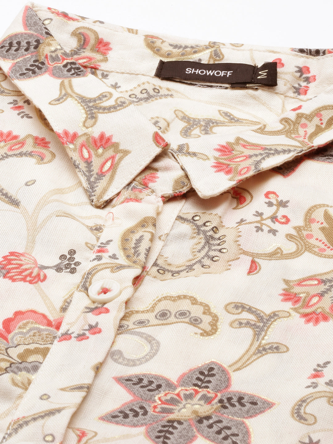 Women's Beige Shirt Collar Floral Printed Anarkali Kurta