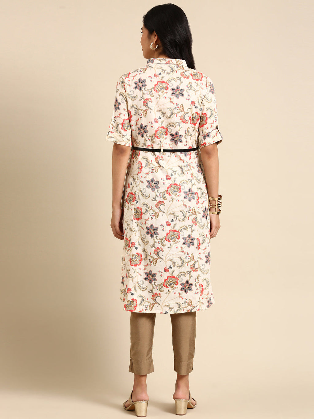 Women's Beige Shirt Collar Floral Printed Anarkali Kurta