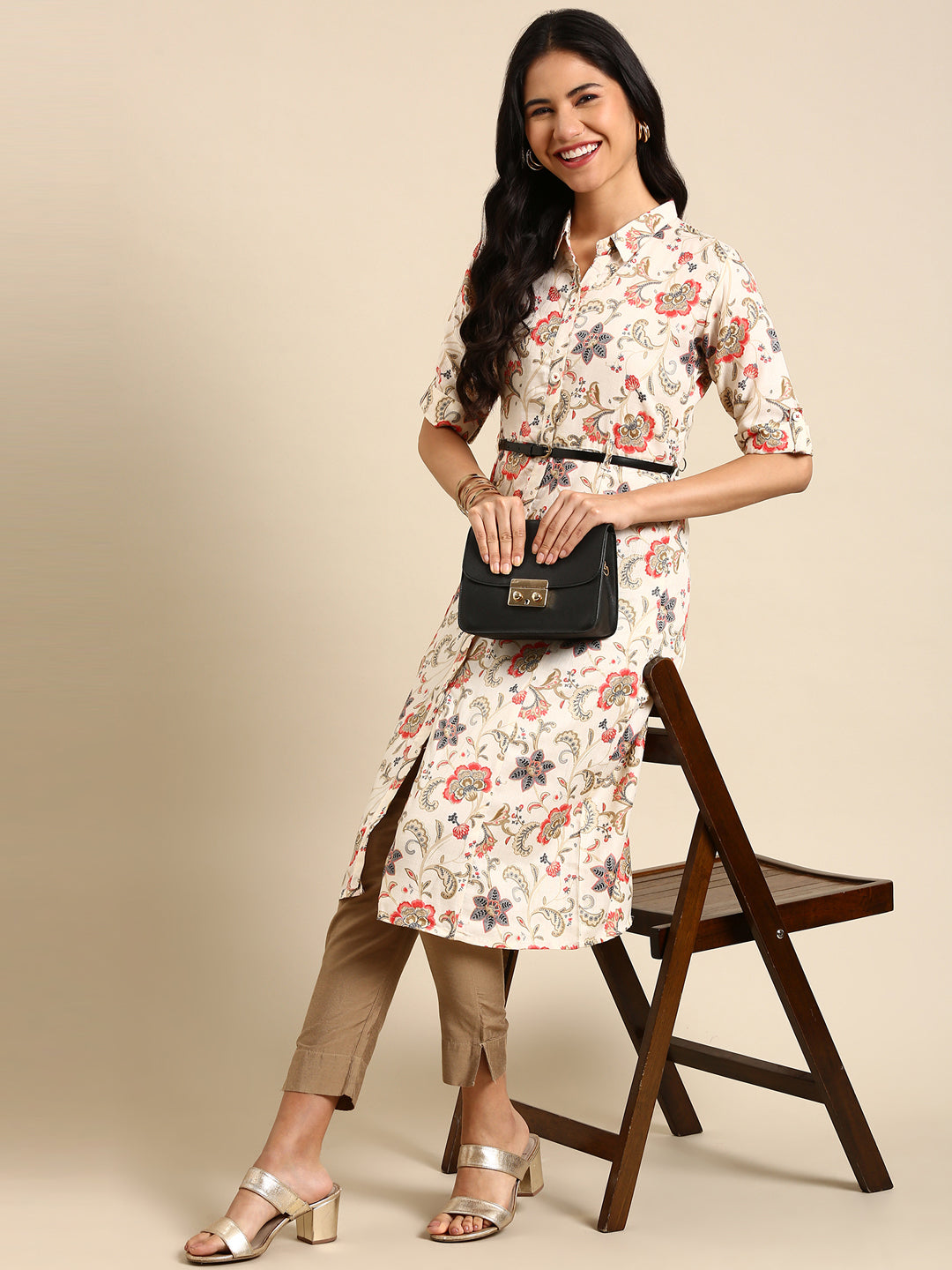 Women's Beige Shirt Collar Floral Printed Anarkali Kurta
