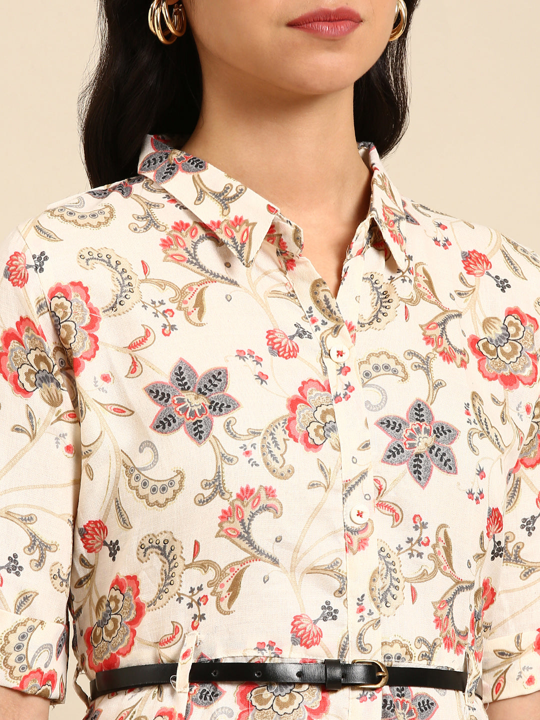 Women's Beige Shirt Collar Floral Printed Anarkali Kurta