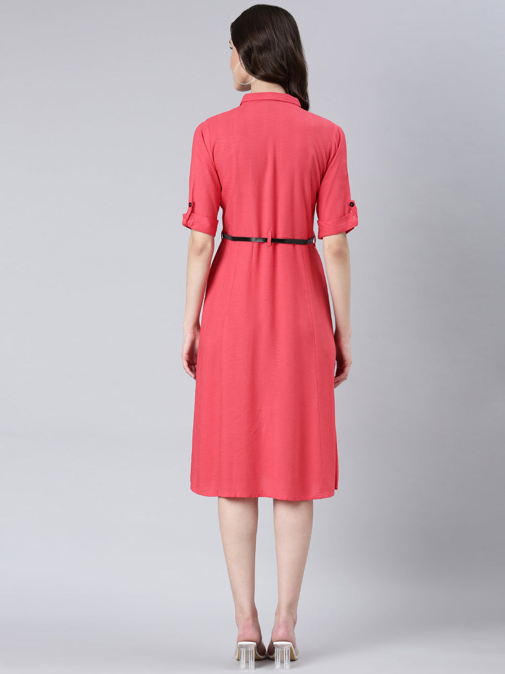 Women's Peach Shirt Collar Roll-Up Sleeves Shirt Midi Dress With Belted