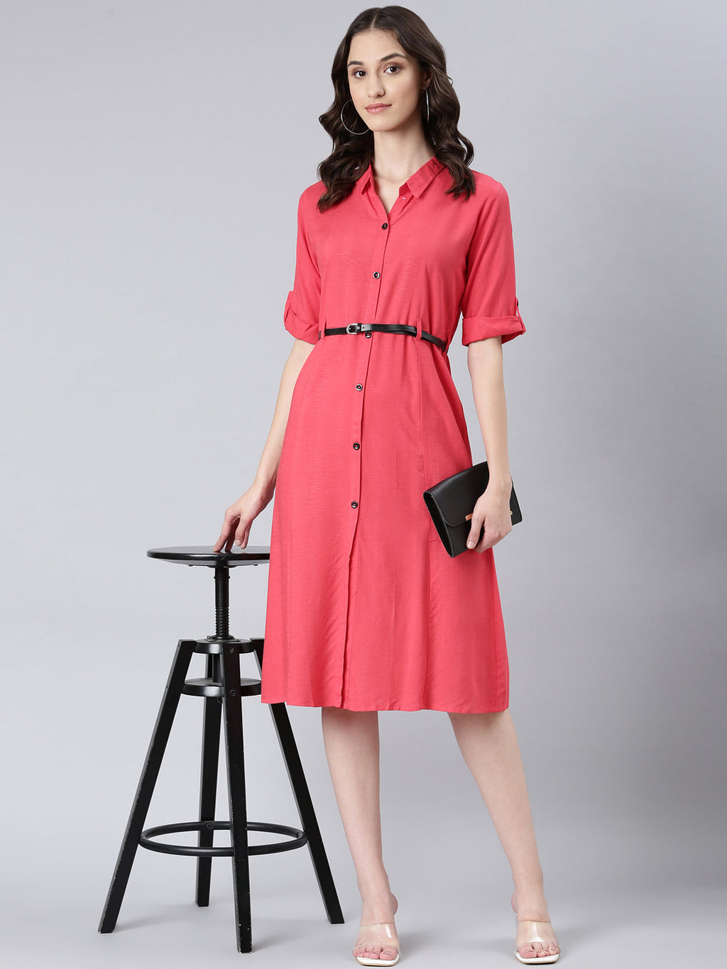 Women's Peach Shirt Collar Roll-Up Sleeves Shirt Midi Dress With Belted
