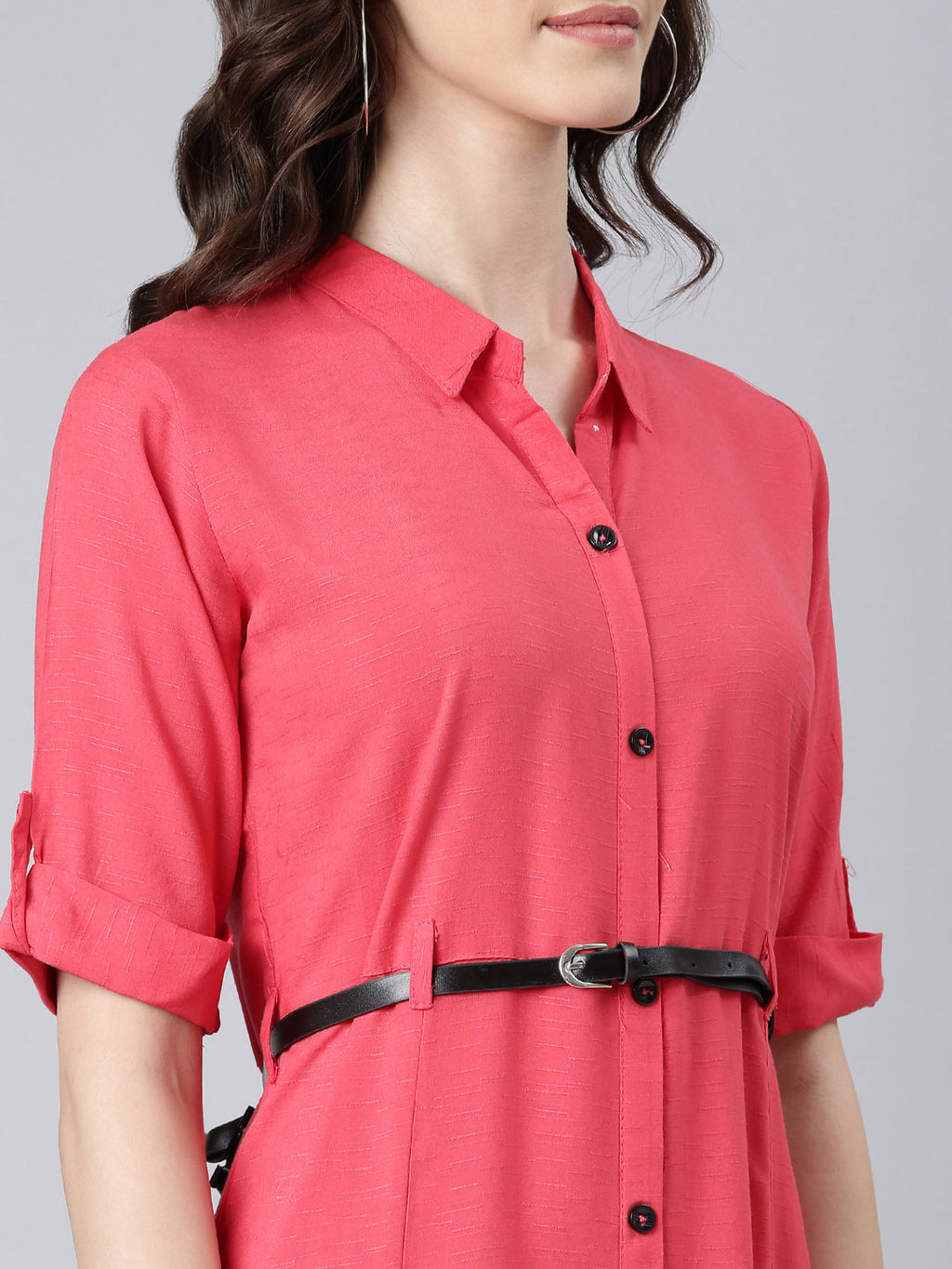 Women's Peach Shirt Collar Roll-Up Sleeves Shirt Midi Dress With Belted