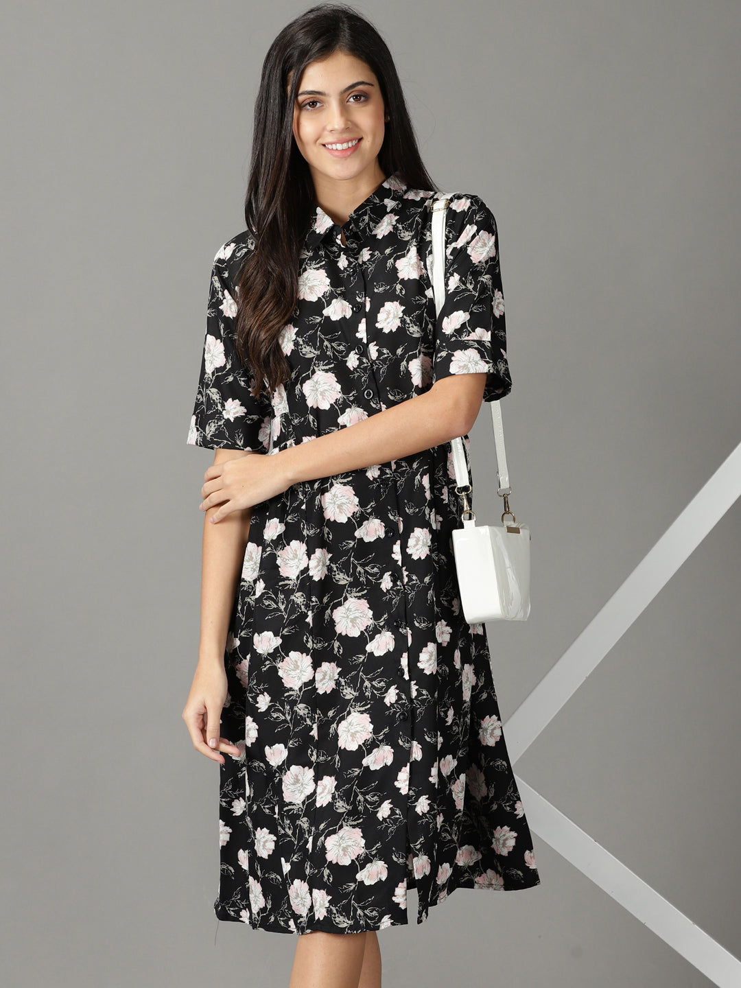 Women's Black Shirt Collar Floral Printed Fit & Flare Crepe Dress