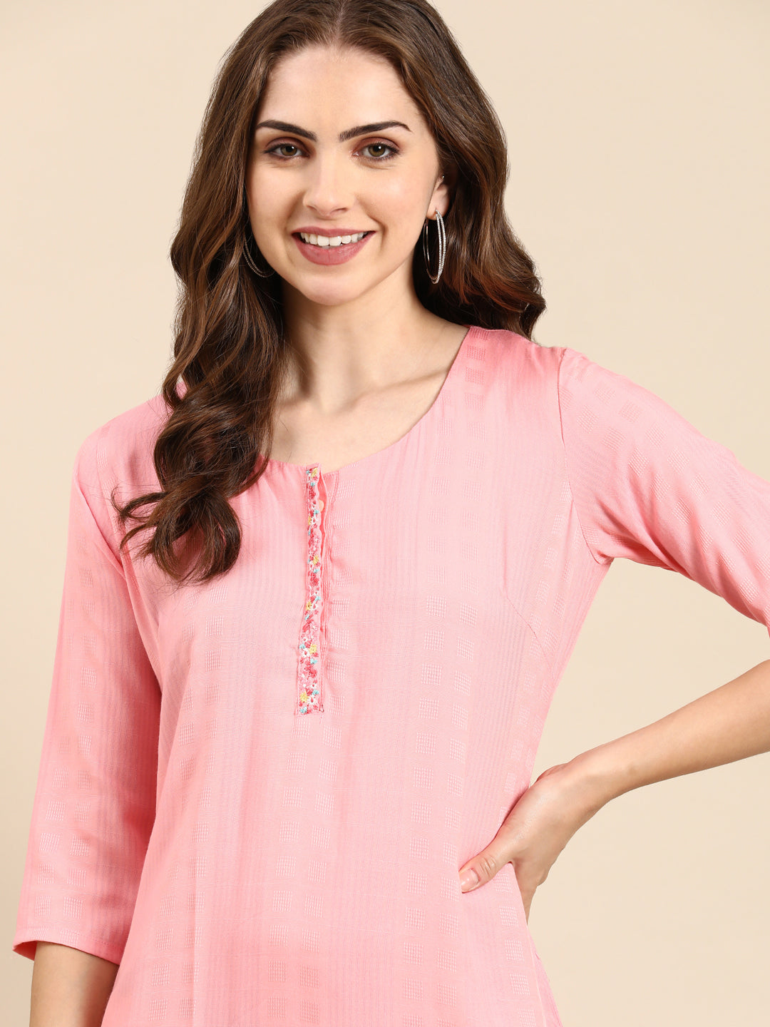 Women's Pink Woven Design Straight Kurta
