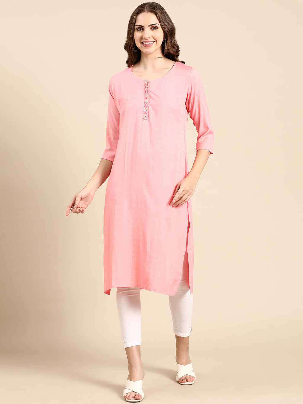 Women's Pink Woven Design Straight Kurta
