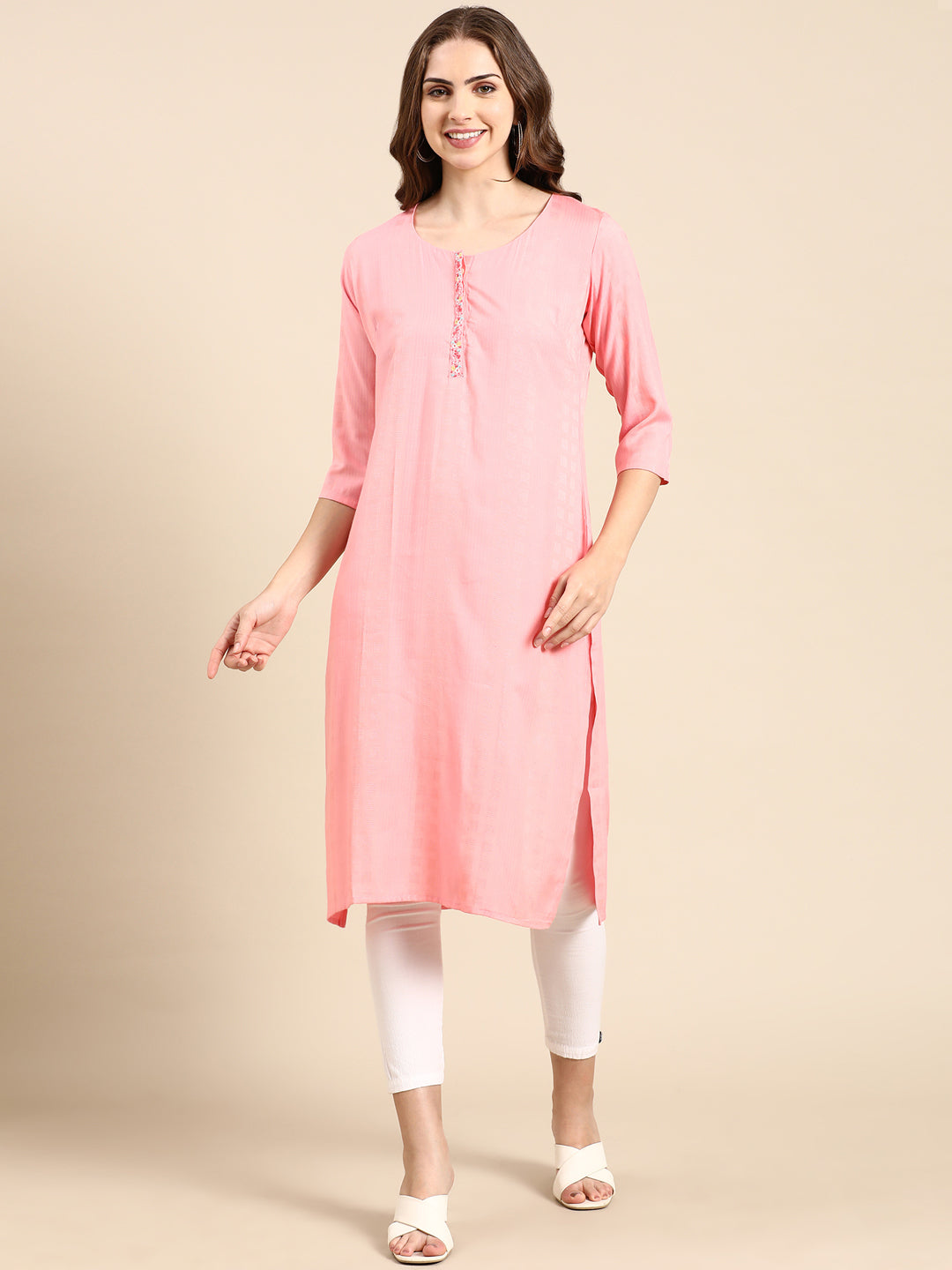 Women's Pink Woven Design Straight Kurta