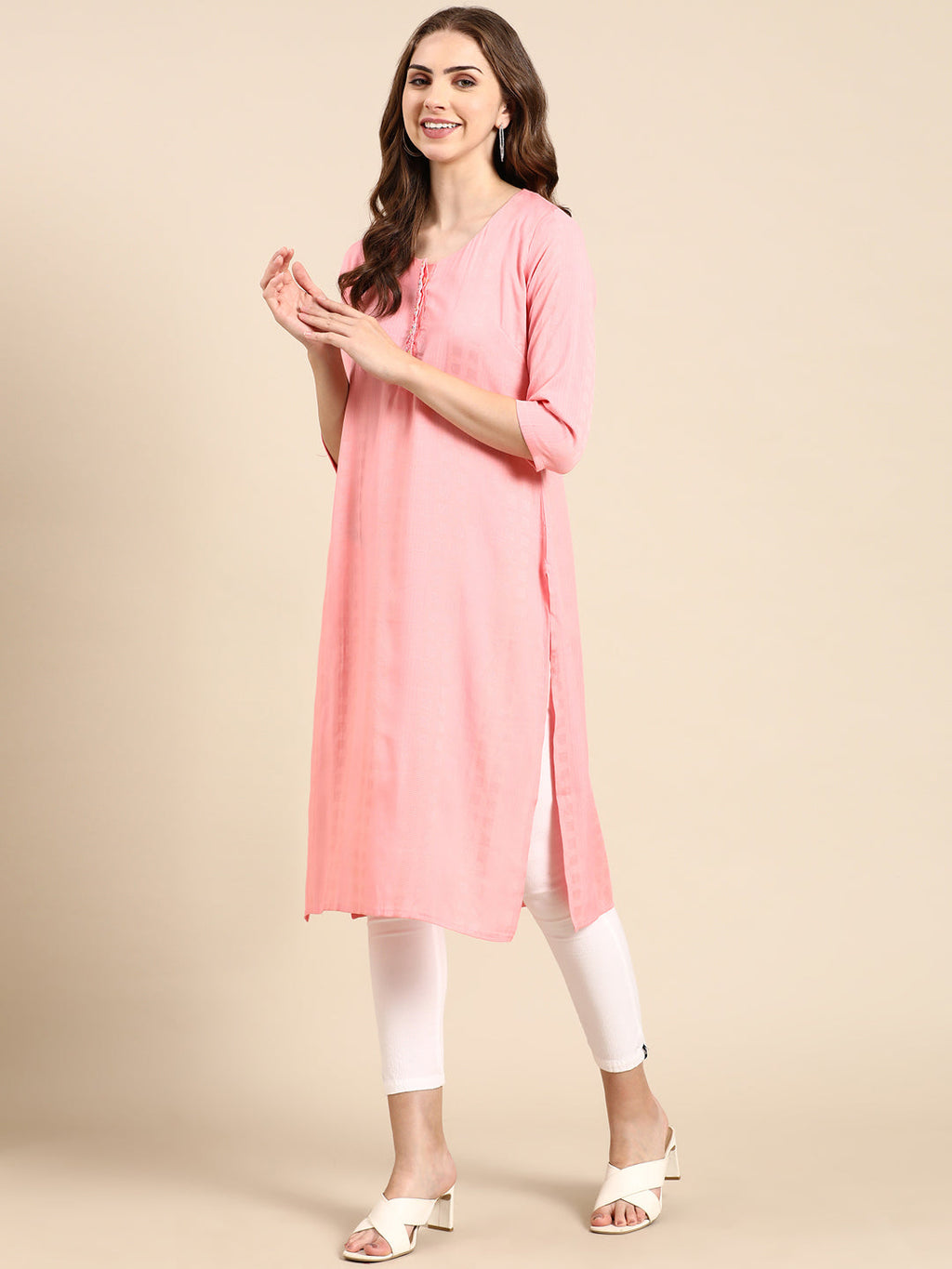 Women's Pink Woven Design Straight Kurta