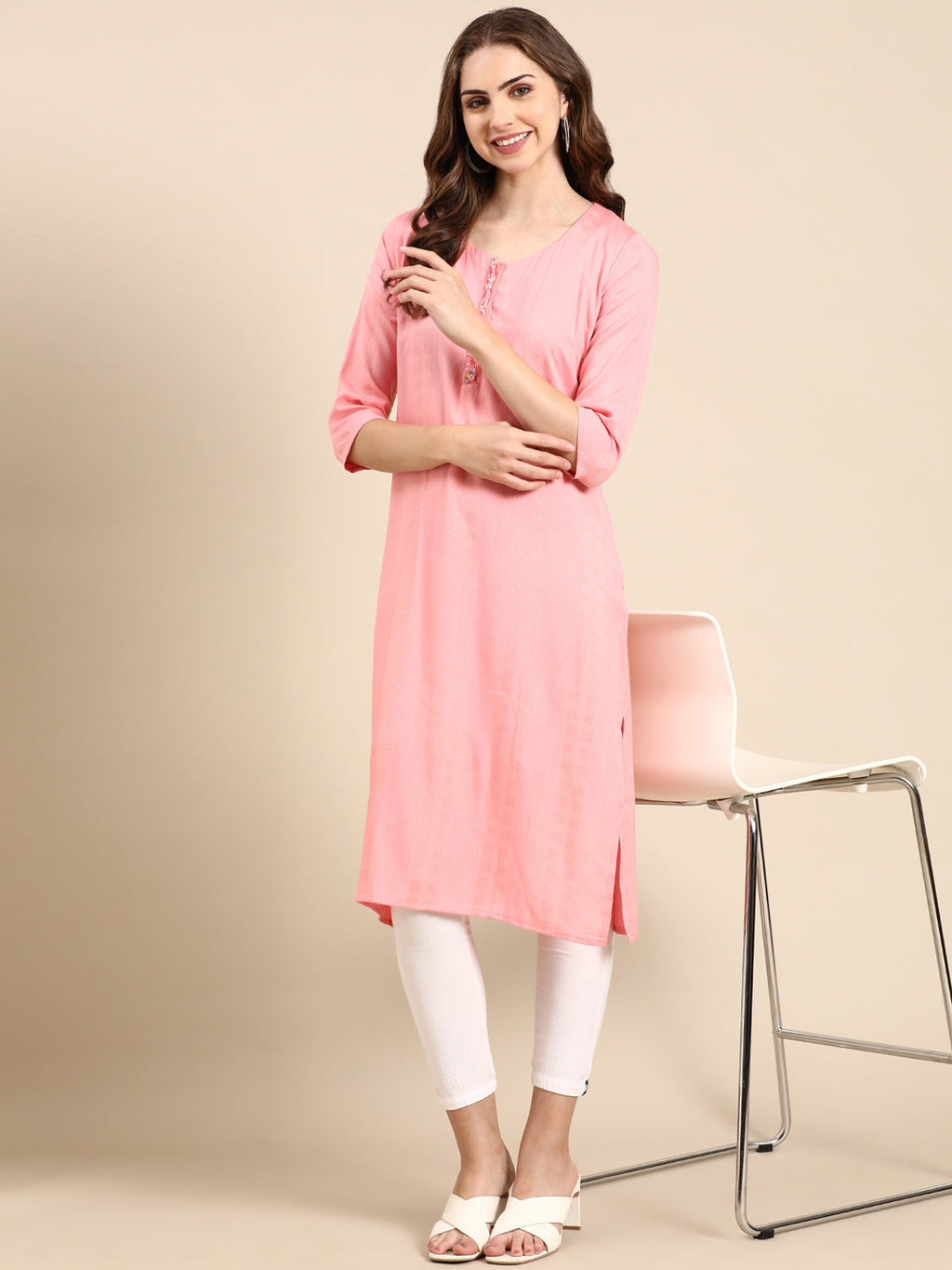 Women's Pink Woven Design Straight Kurta
