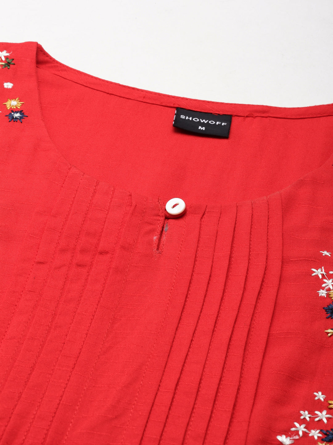 Women's Red Floral Embroidered Thread Work Straight Kurta