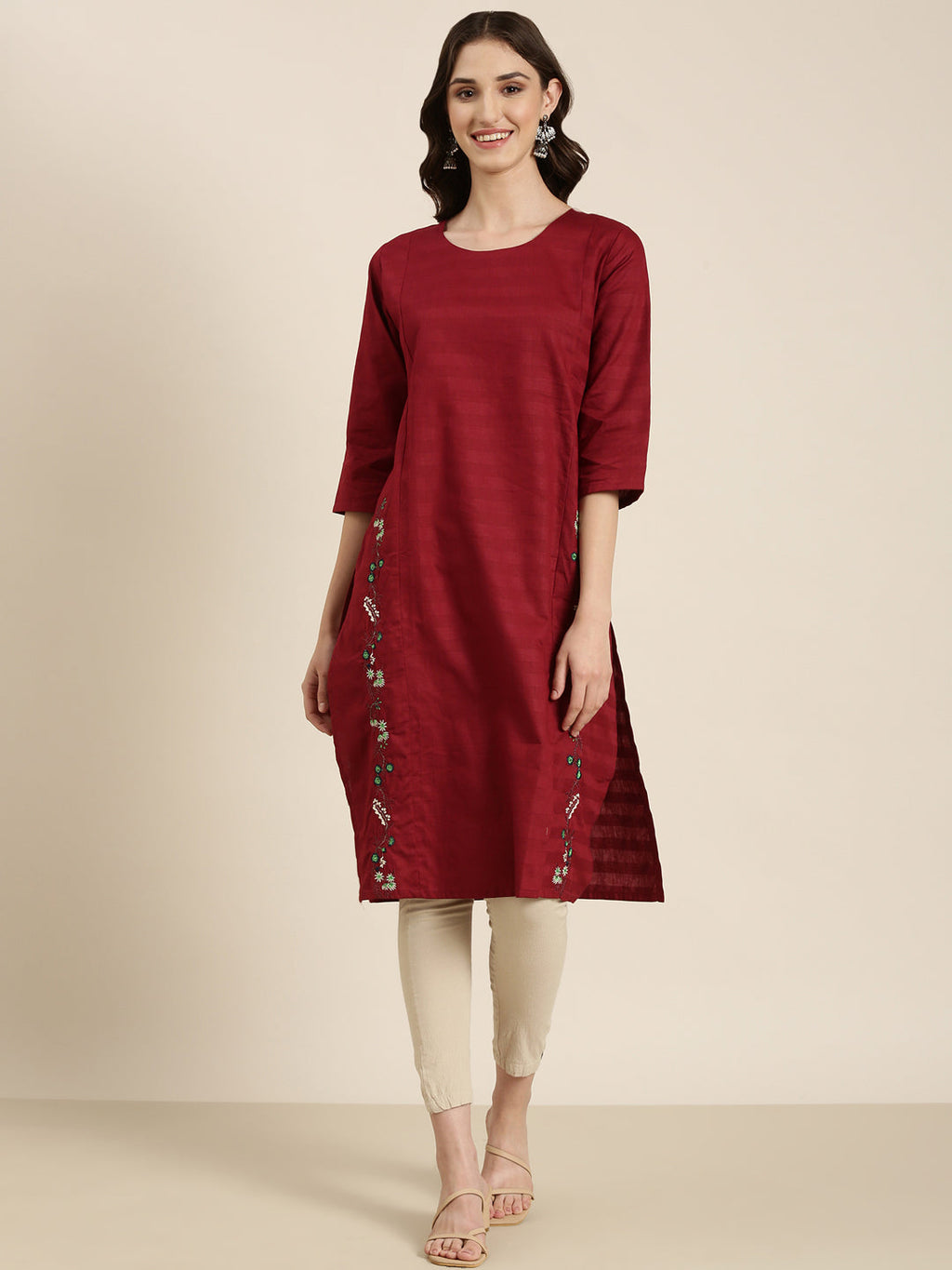 Women's Maroon Thread Work Straight Kurta