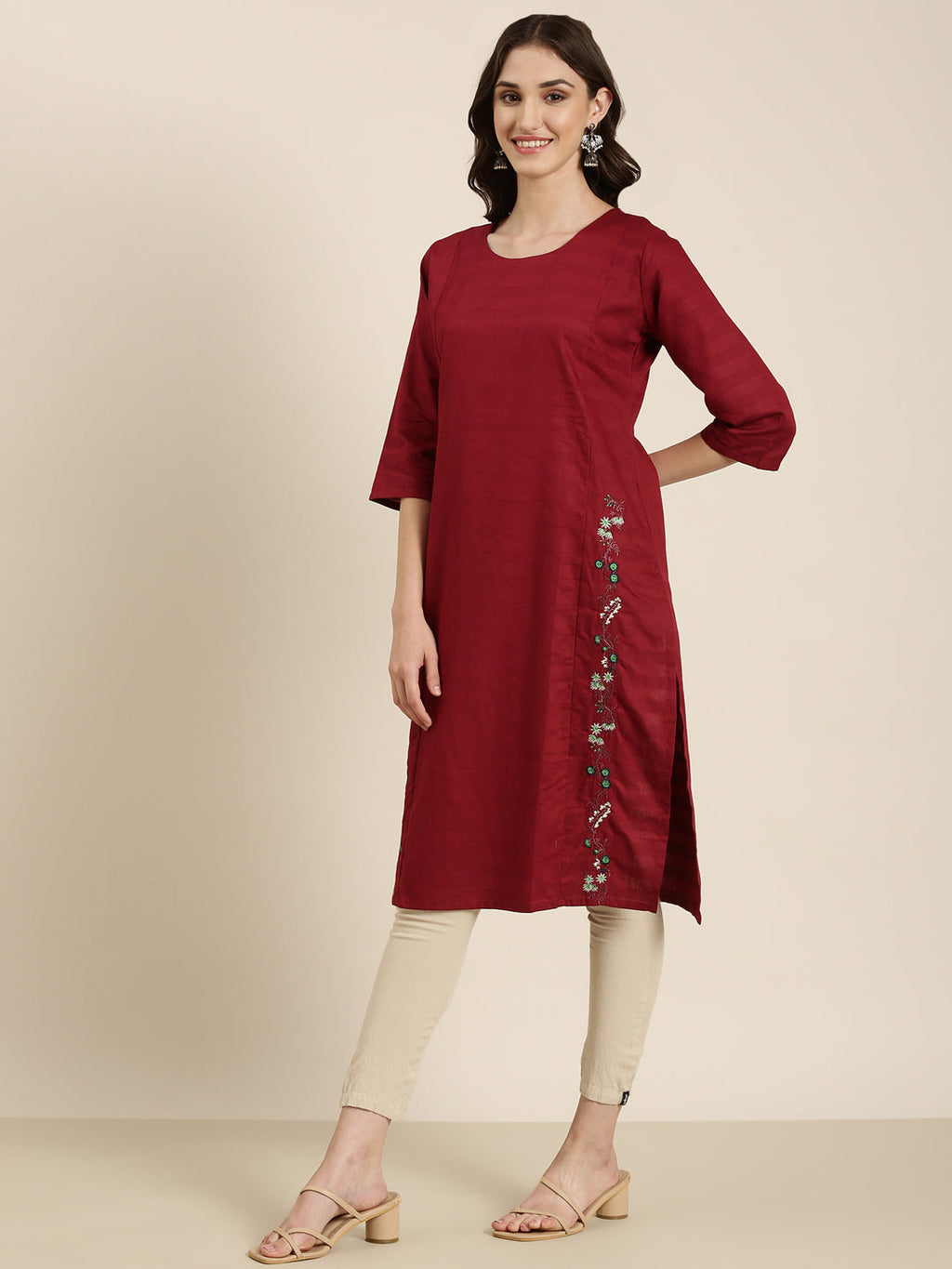 Women's Maroon Thread Work Straight Kurta