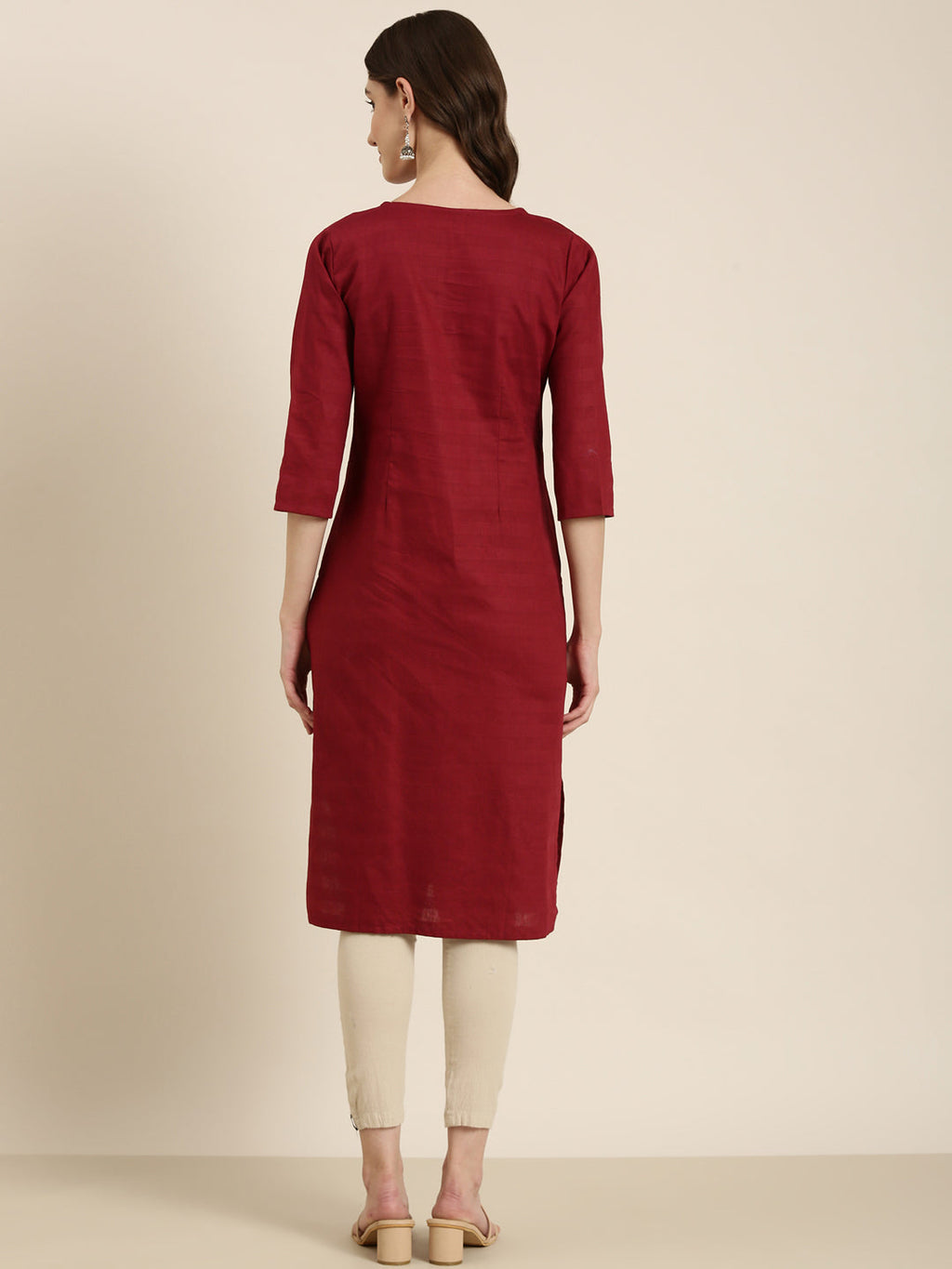 Women's Maroon Thread Work Straight Kurta