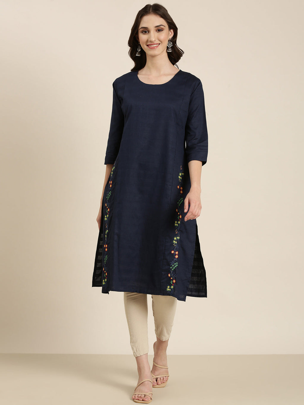 Women's Navy Blue Floral Embroidered Straight Kurta