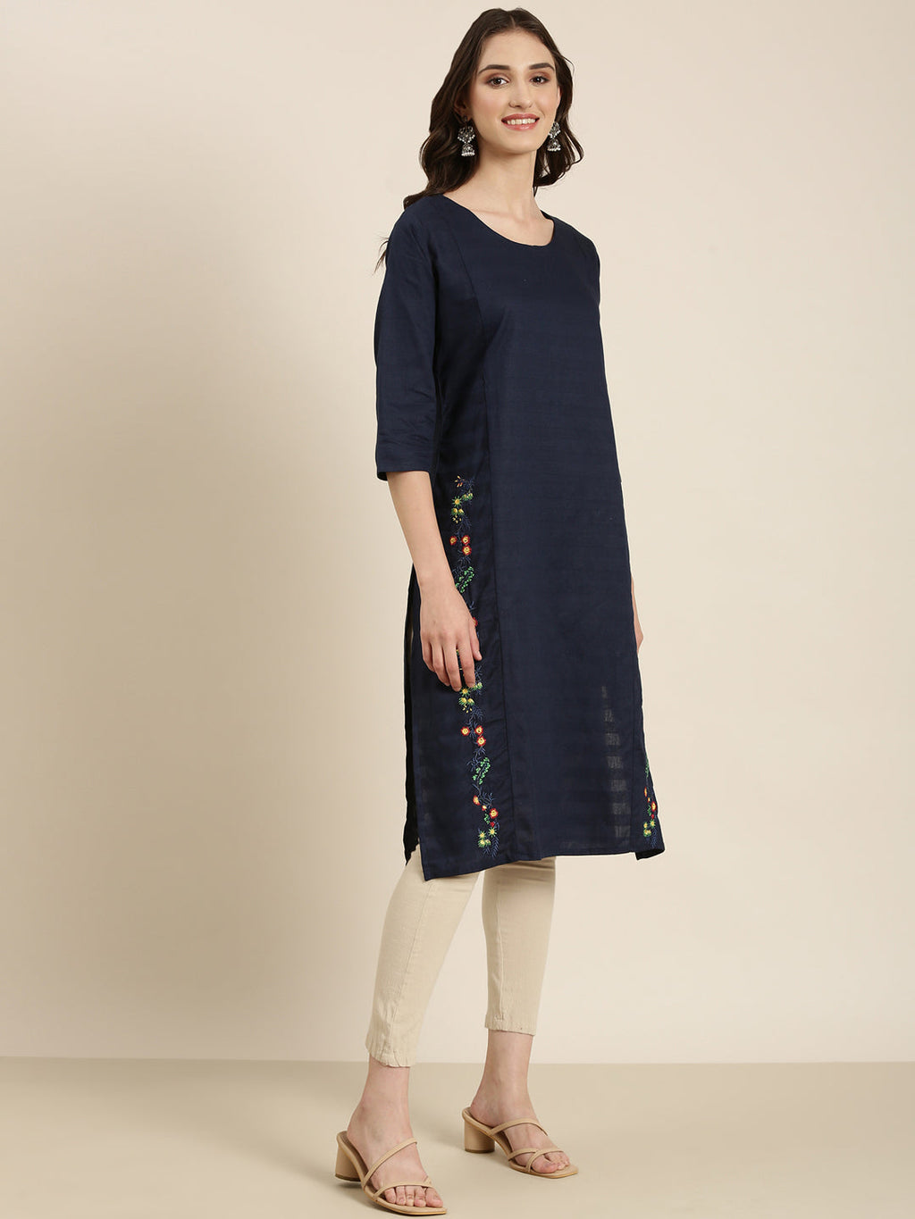 Women's Navy Blue Floral Embroidered Straight Kurta