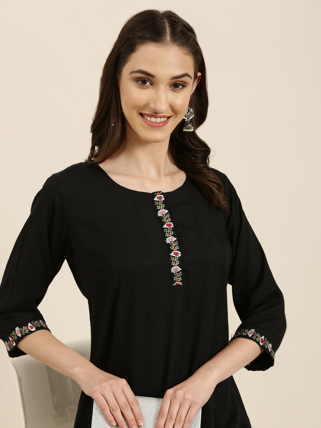 Women's Black Striped Thread Work Straight Kurta