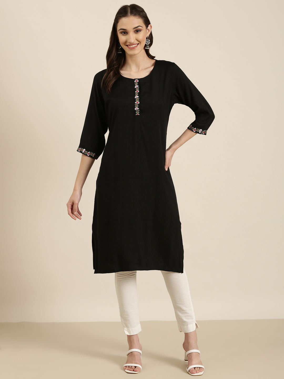 Women's Black Striped Thread Work Straight Kurta