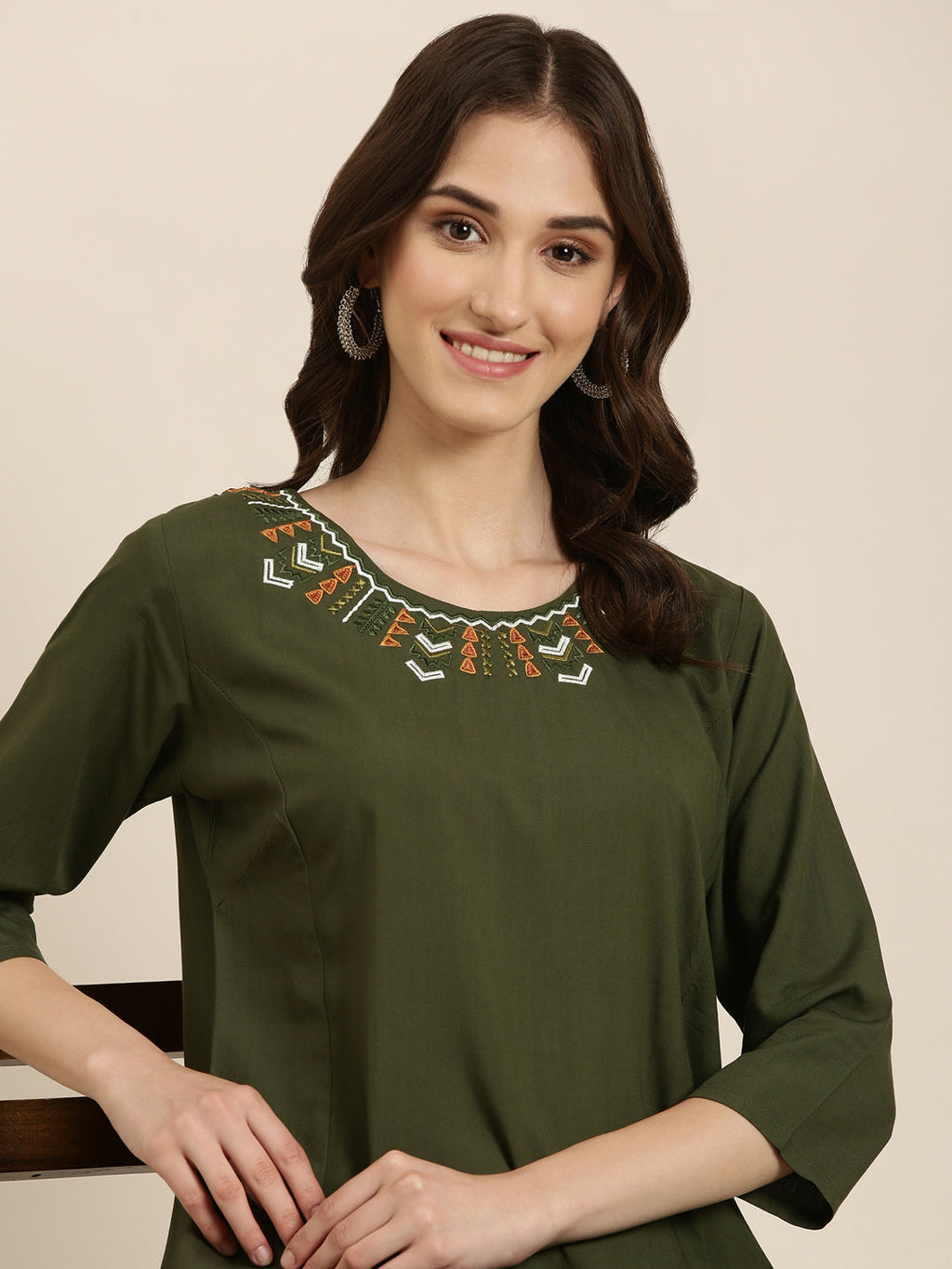 Women's Olive Round Neck Straight Kurta