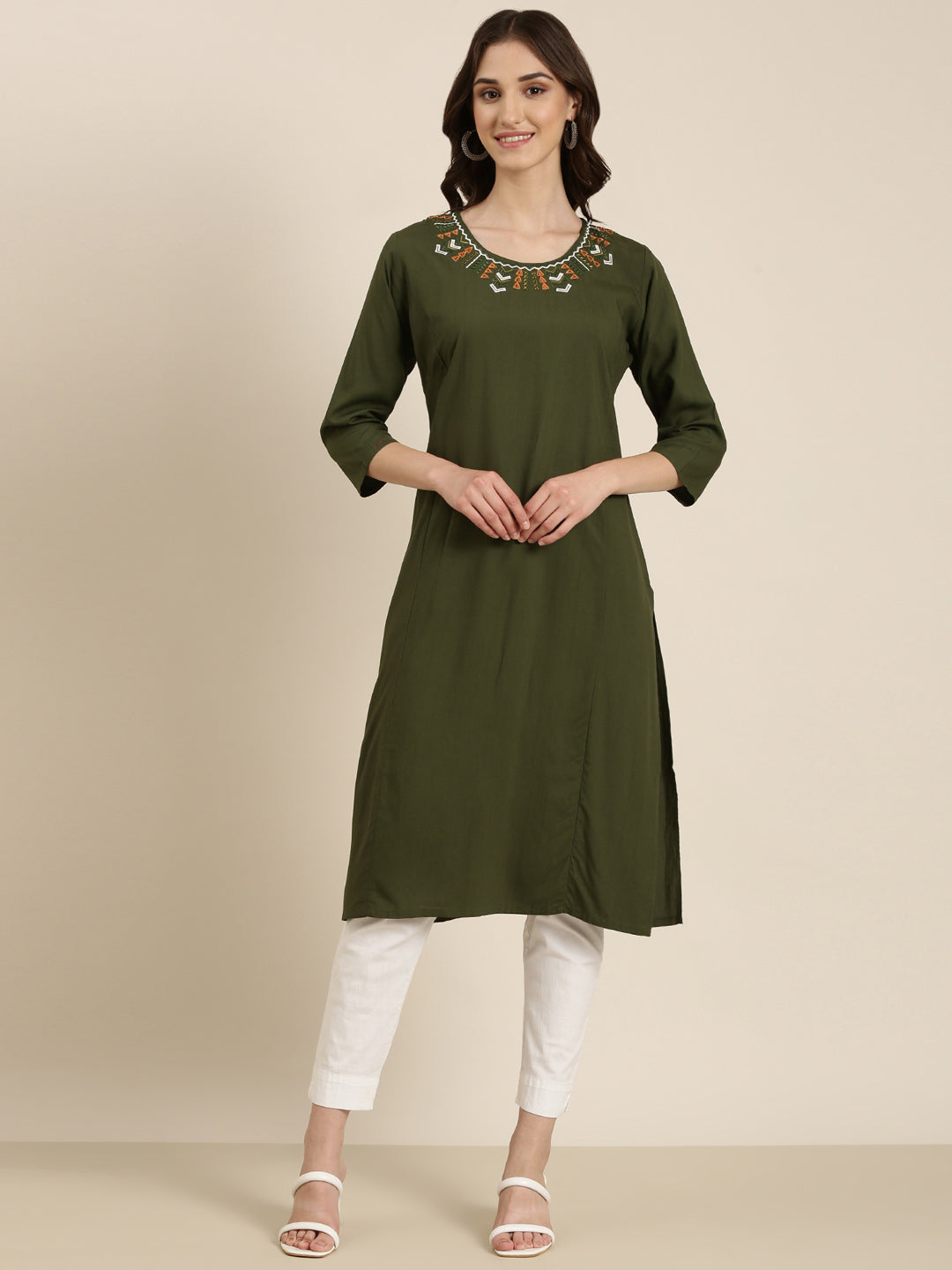 Women's Olive Round Neck Straight Kurta