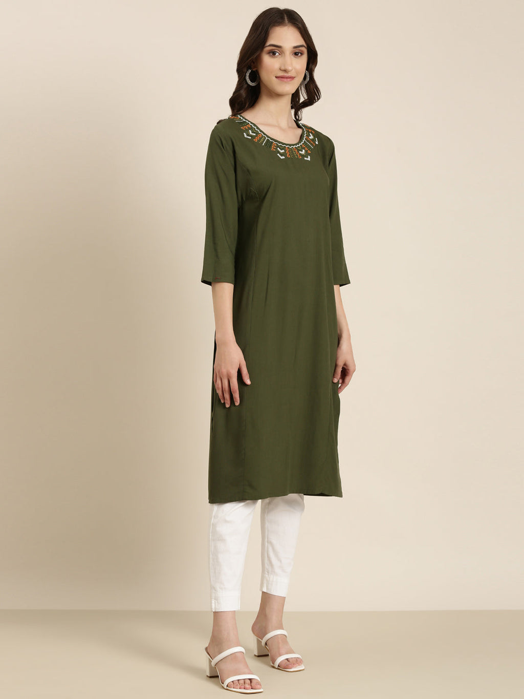 Women's Olive Round Neck Straight Kurta