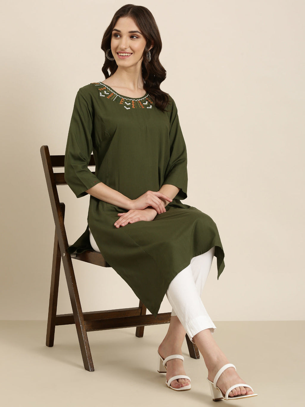 Women's Olive Round Neck Straight Kurta