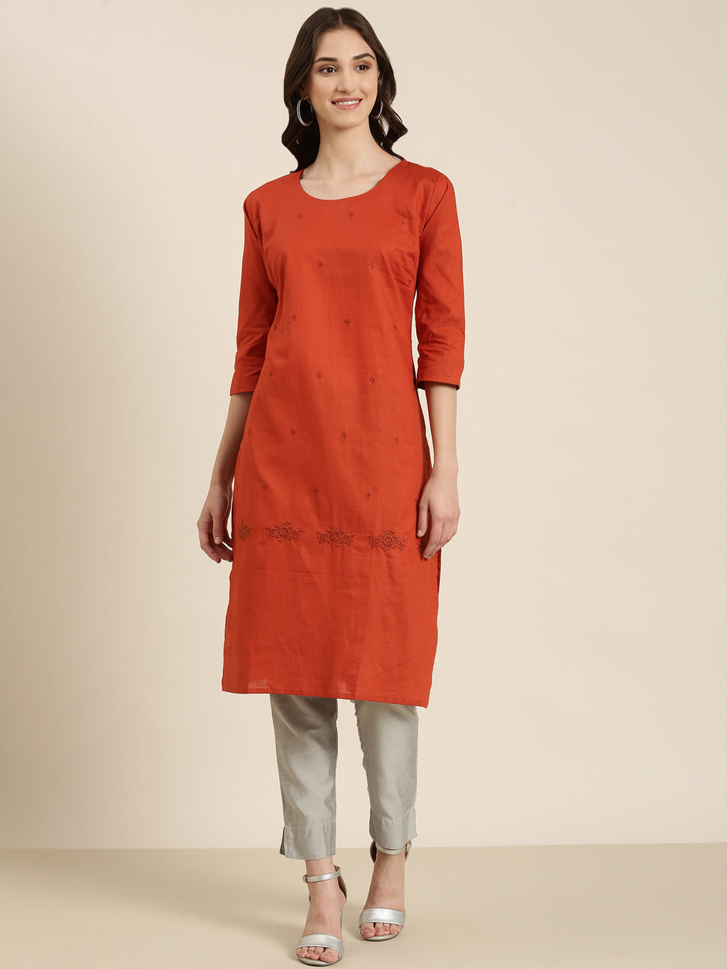 Women's Rust Solid Straight Kurta