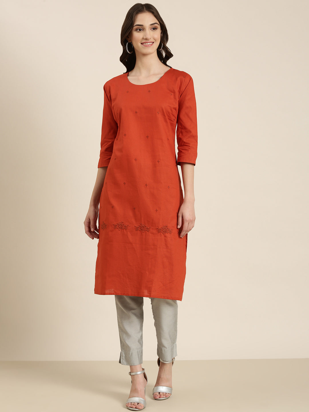 Women's Rust Solid Straight Kurta