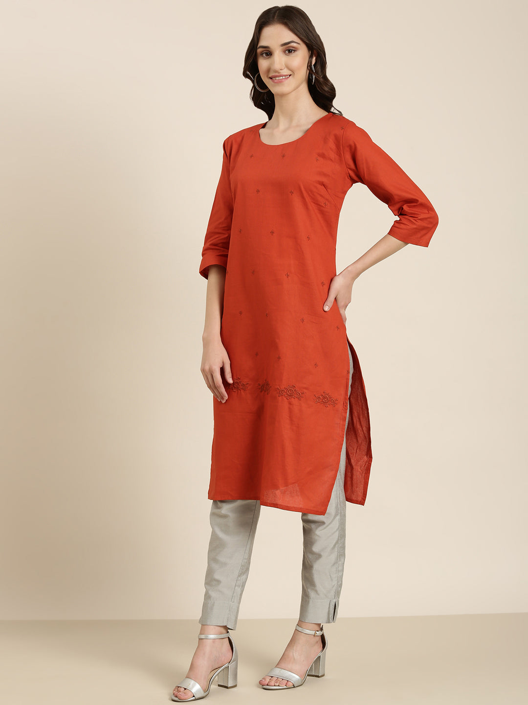 Women's Rust Solid Straight Kurta