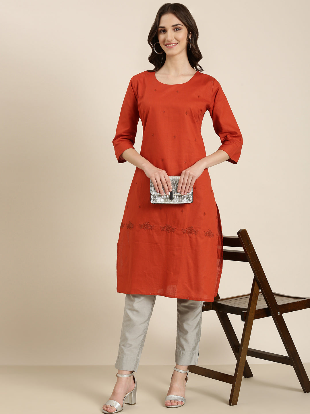 Women's Rust Solid Straight Kurta